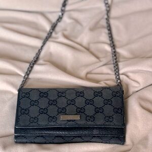 Gucci Monogram Wallet/Crossbody with 42” gunmetal chain